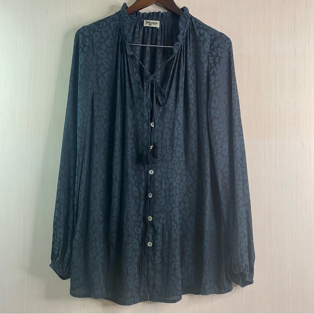Show Me Your MuMu Leopard Print Long Sleeve V-Neck Button Up Blouse Black Large